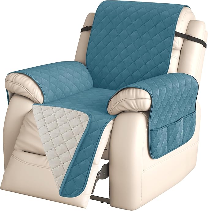 CHUN YI Recliner Chair Cover, Non-Slip Recliner Covers That Stay in Place, Washable Lazy Boy Recliner Covers with Pockets, Water Resistant Recliner Slipcover for Pets (Blue, Small Recliner)