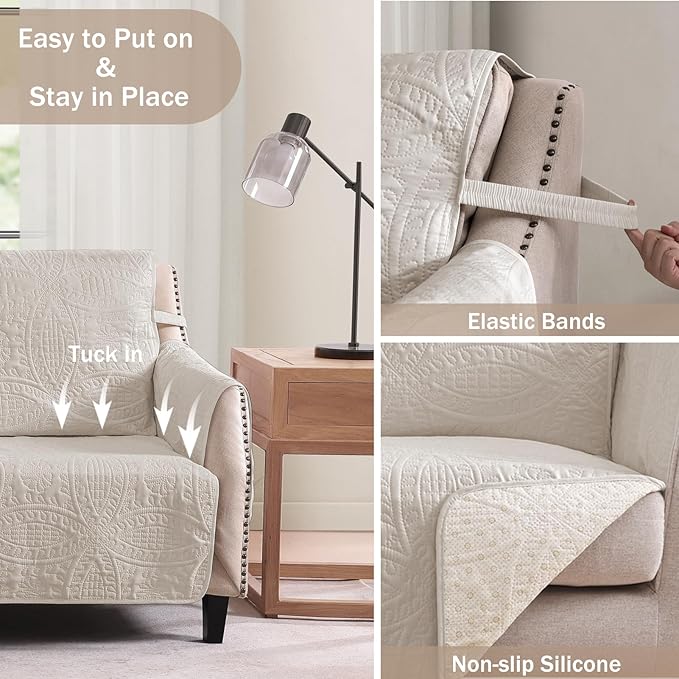 Beige Quilted Recliner Covers, Water-Repellent Recliner Slipcovers, Lazy Boy Chair Covers, Pet Friendly Recliner Cover for Dogs Cats, Washable Furniture Protector (Recliner 22", Beige Cream)