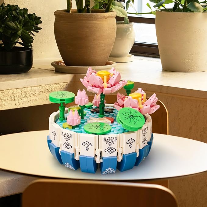 Lotus Flower Building Set Cute Botanical Collection Flower Bonsai Plant Simulation Pot Plant Artificial Particle Construction Building Bricks Toy 6+ Pink 404PCS,Compatible Classic Bricks 63003