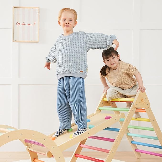 Tiny Land Pikler Triangle Set, 7-in-1 Foldable Pikler Triangle Climbing Toys Set for Kids,Baby Indoor Playground Jungle Gym, Wooden Montessori Climbing Set for Toddler (Rainbow)