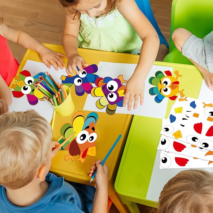 chiazllta 30Pcs Thanksgiving Craft Kits DIY Turkey Craft for Kindergarten Kids, Fall Art Craft Make Your Own Turkey Card Sticker Set for Home Class Game Activities Preschoolers