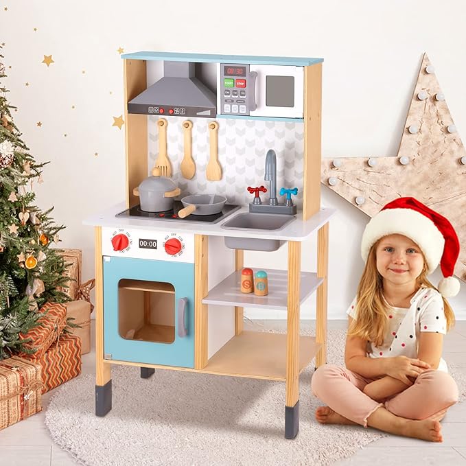 TOOKYLAND Kids Kitchen Playset, Play Kitchen Set for Kids with Real Light & Sounds, Including 11 Piece Simulated Food Accessories, Kids Play Kitchen for Toddlers