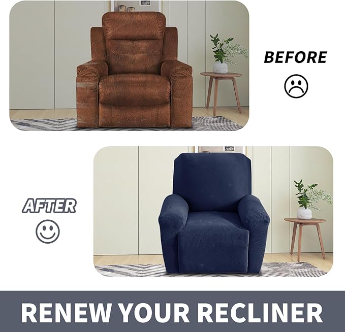 JIVINER Oversized Recliner Chair Covers, 3 Piece Slipcovers for Large Recliner Chair Soft Jacquard Reclining Chair Protector Slipcovers for Dogs,Cats (X-Large, Navy Blue)