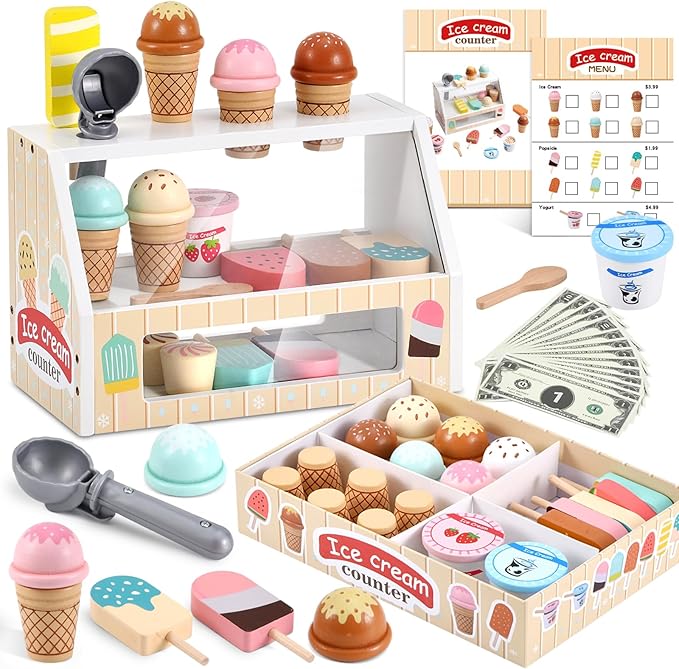 WHOHOLL Wooden Ice Cream Counter Playset for Toddler Girl Toys, Play Store Pretend Toy Food Play Kitchen Accessories with Fake Money & Coin, Gifts for 3-8 Year Old Kids
