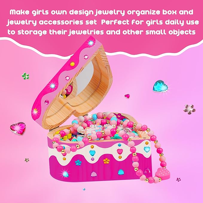 Paint Your Own Jewelry Box & Jewelry Making Kit - Arts and Crafts Painting Kits for Kids Girls Age 6-8, 250 PCS Wooden Beads Bracelets Making Kit Toys Gifts for Christmas Birthday 8-12 Years Old