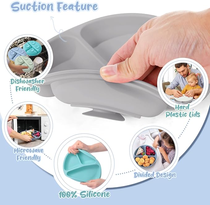 Meanplan 6 Pack Suction Plates for Toddlers with Lids Silicone Baby Plates set Food Grade Silicone Divided Design BPA Free Microwave and Dishwasher Safe Assorted Colors(Mixed Colors)