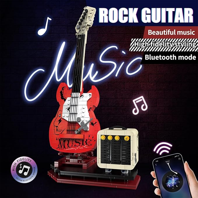 Guitar Music Interactive Building Set for Music Lovers, DIY Guitar Model Toy Compatible with Lego，Reverb Amplifier & Authentic Accessories, Perfect Way to Rock Gift Giving.