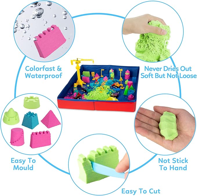 ThinkMax Sand Kit for Kids, 3lbs Sand, 6 Mini Construction Trucks, Construction Toys and Signs, Castle Sand Molds Tools, Foldable Box and Storage Bin Tote, 43PCS Sand Set for Boys Grils