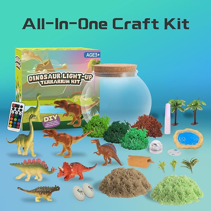 Dinosaur Light-Up Terrarium Kit for Kids- Dinosaur Birthday Gifts for Boys Ages 4 5 6 7 8-12 Year Old- Dinosaur Toys for Boys with Multicolor LED Light & Remote