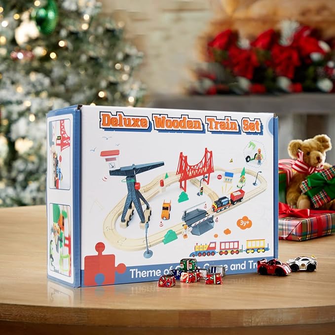 WOOD CITY Wooden Train Set, 56-Piece Deluxe Kids Toy Train Set for 2 3 4 5 Year Old Boy, Cargo-Themed Train Track with Tower Crane & Suspension Bridge - Fits Thomas Brio Chuggington Melissa Orbrium