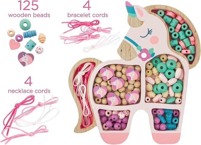 Stephen Joseph, Wooden Bead Kit for Kids, 125 Wooden Beads with 4 Necklace and 4 Bracelet Cords with Reusable Wooden Tray, Premium Wood Jewelry Making Kit for Kids, Bunny