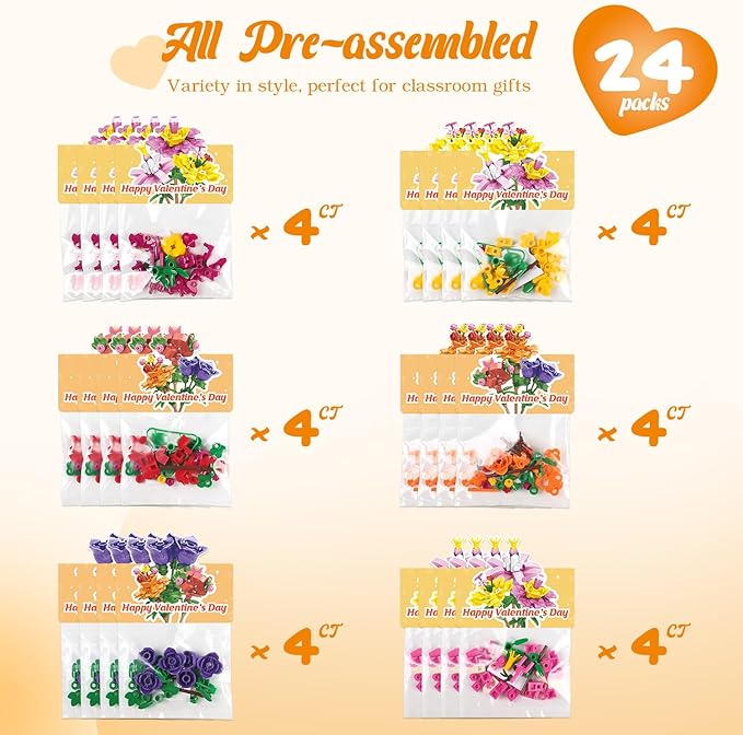 Valentines Day Gifts for Kids - 24 Pack Prefilled Valentine's Day Cards with Flower Building Blocks Crafts for School Classroom Class Party Favor, Valentines Gifts Bulk Exchange for Boys Girls Teens