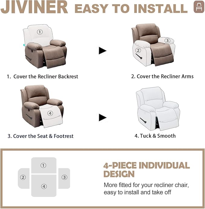 JIVINER 4-Piece Recliner Chair Covers Stretch Jacquard Covers for Recliner Chair Recliner Slipcovers for Living Room Soft Recliner Protector with Pocket (Recliner, Light Purple)