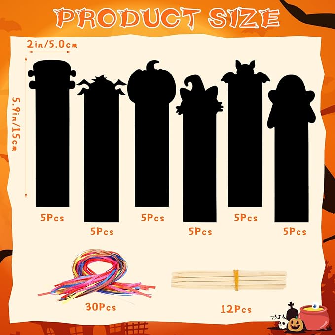 JUNEBRUSHS 30Pcs Halloween Scratch Bookmarks, Rainbow Magic Scratch Paper Art Pumpkin Bat Spider DIY Crafts Kit for School Classroom Activity Halloween Gifts