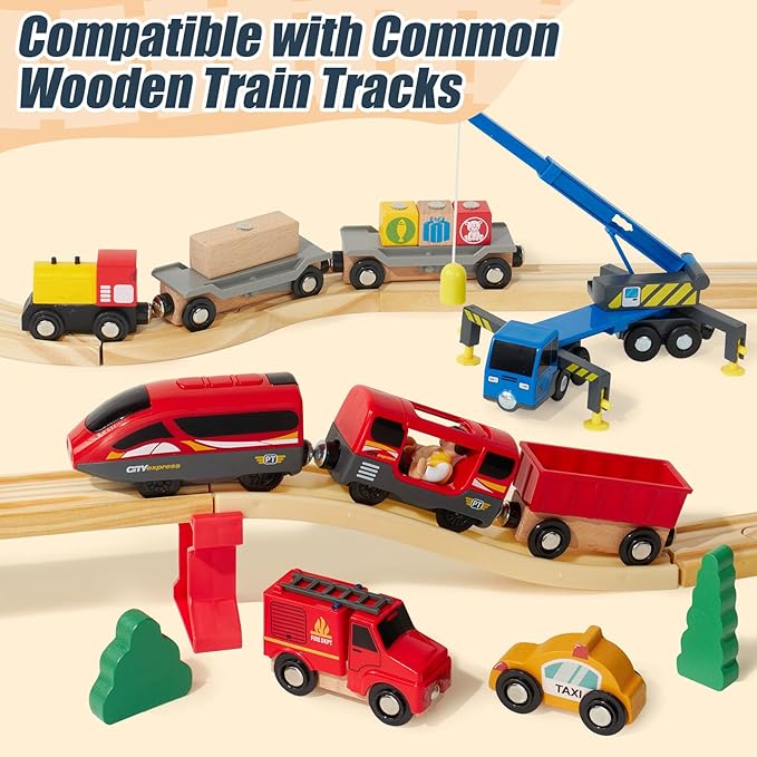Electric Train Set Toys Wooden Magnetic Cars - Locomotive Auto Reverse/Park/Sound/Light, Gift for 3 4 5 6 Year Old Toddlers Kids Boys Truck Trains Toy, Compatible with Common Wooden Train Tracks