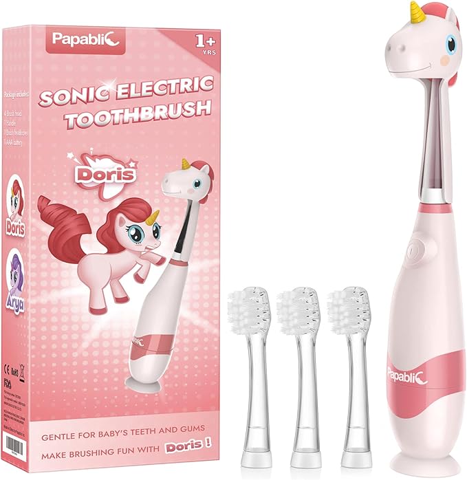 Papablic Toddler Sonic Electric Toothbrush for Ages 1-3 Years, Baby Electric Toothbrush with Cute Unicorn Cover and Smart LED Timer, 4 Brush Heads (Doris)