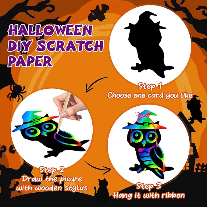 Halloween Crafts Kit for Kids, 48 Pcs Magic Scratch Off Cards Paper Hanging Set, Halloween Party Favors Gifts Ornaments for Kids Halloween Party Games Classroom DIY Activity Art Craft Supplies