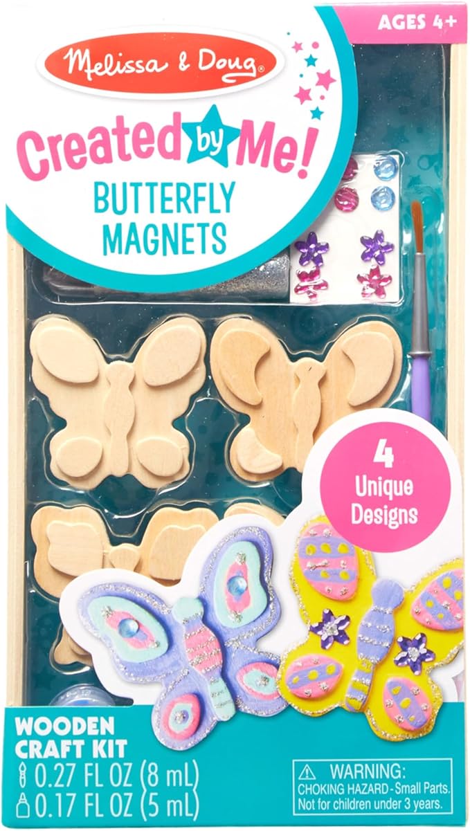 Melissa & Doug Created by Me! Wooden Butterfly Magnets Craft Kit (4 Designs, 4 Paints, Stickers, Glitter Glue)