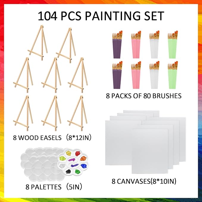 Rabbitale 104 Pcs Art Painting Kit Supplies Set for Kids to Party - 8 Packs of 80 Brushes, 8 Wood Easels(8 * 12in), 8 Canvas Panels(8 * 10in) & 8 Palettes(5in), No Paint