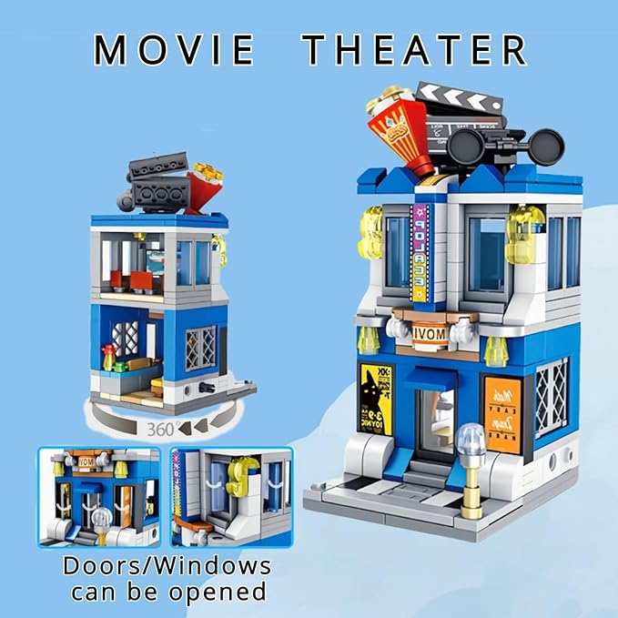 City Movie Theater Building Blocks Sets, Cute Street Store MOC Cinema 3D Toy Model Building Kit, Creative Birthday Gift for Adults/Kids Who Love Movies (253 Pieces)