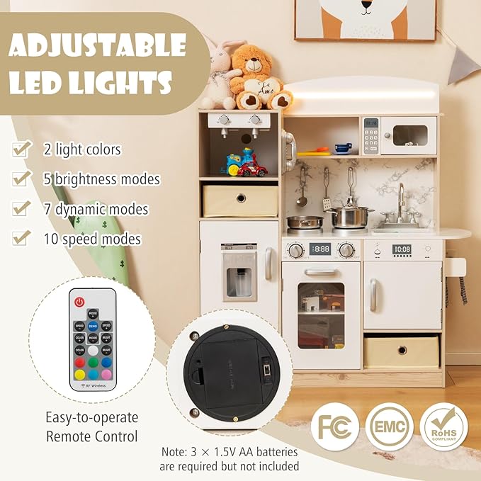 KOTEK Play Kitchen with Lights and Sounds, Wooden Toddler Kitchen Playset w/Ice Maker, Coffee Maker, 19 Accessories & Microwave, Chef Pretend Play Toy Kitchen Set for Kids Girls & Boys Ages 3+(White)