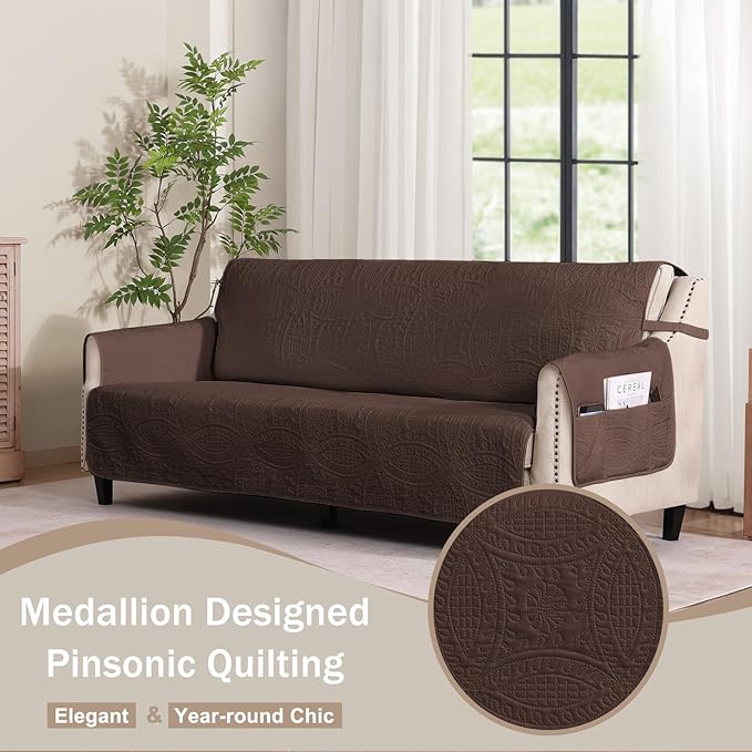 Water Repellent Loveseat Cover for 2 Cushion Couch, Machine Washable Love Seat Quilted Couch Covers, Pet Friendly Sofa Slipcovers (Loveseat 48", Chocolate)