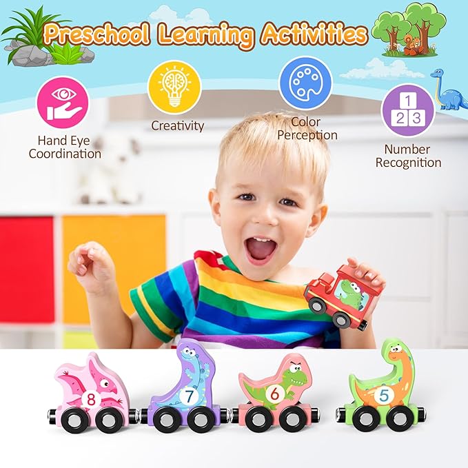 Toys for Toddlers, 11 Magnetic Wooden Dinosaur Train Set, Montessori Toys for Toddlers, Preschool Educational Material for Kids, Birthday Gifts for Boys, Girls