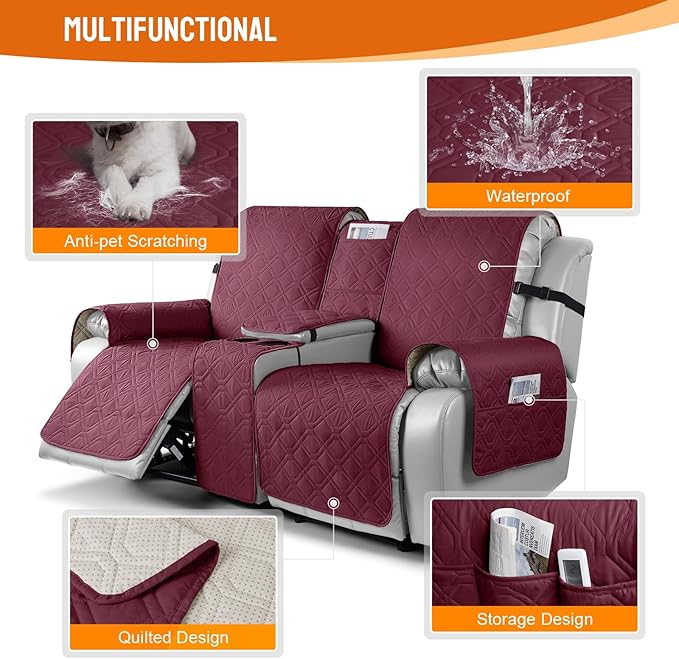 VANSOFY Loveseat Recliner Cover with Console 100% Waterproof Sofa Slipcovers Non-Slip Reclining Couch Cover Split Sofa Covers Furniture Protector for Pets, Dogs(Burgundy1)