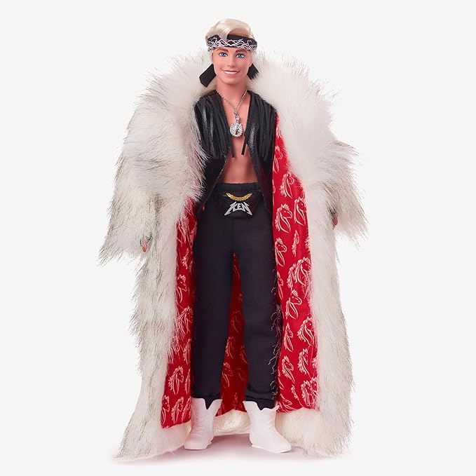 Barbie The Movie Collectible Ken Doll Wearing Big Faux Fur Coat & Black Fringe Vest with Bandana (Amazon Exclusive)