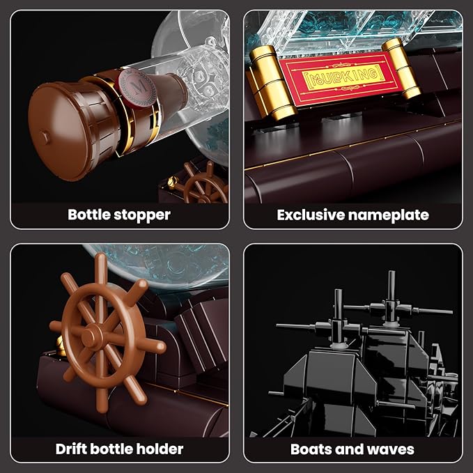 Mould King Ship in a Bottle Toy Building Sets, Black Pirate Ship in a Bottle Kit, Collectible Display Boat Model Set, STEM Project for Adults and Boys Kids Aged 8+ (778 Pieces) 10070