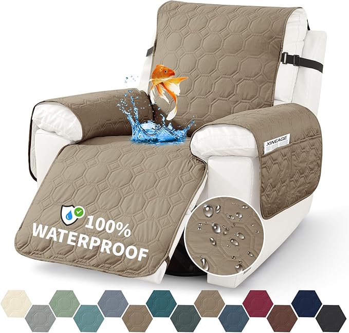 XINEAGE 100% Waterproof Recliner Chair Cover, Non Slip Covers for Recliner Chair with Pocket, Washable Dog Recliner Couch Cover with Elastic Straps (Light Coffee, 28")
