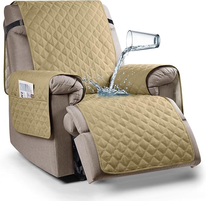 Ruaozz 100% Waterproof Recliner Chair Cover Non-Slip Oversized Reclining Cover for Large Recliner Chair Washable Chair Seat Cover with Elastic Straps for Kids, Dogs, Pets (Sand, 28'')