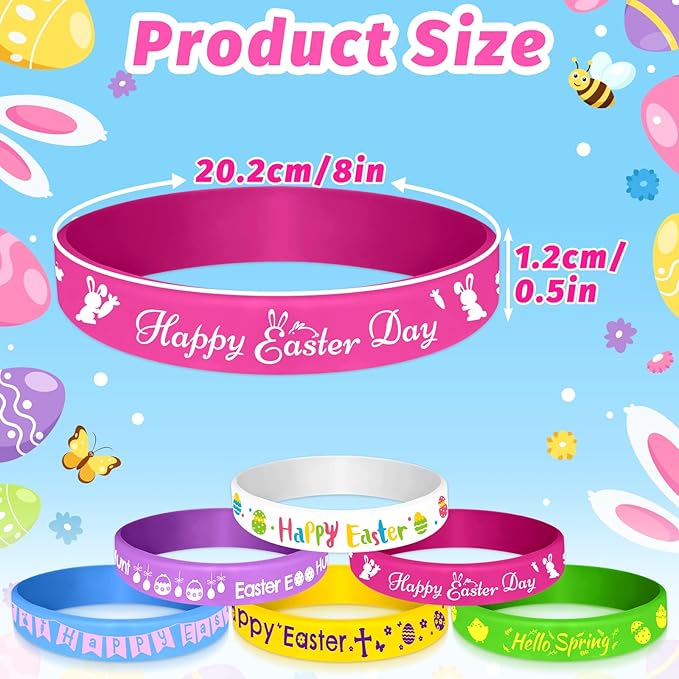 NEBURORA 24 Pcs Easter Rubber Bracelets Bunny Rabbit Egg Chick Flower Carrot Silicone Wristbands for Spring Happy Easter Party Favors Baskets Stuffers Egg Fillers