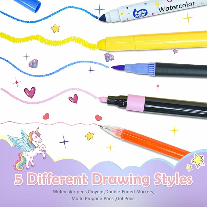 KIDDYCOLOR Unicorn Washable Markers Set 69 pcs with Glitter Pencil Case - Arts and Crafts Coloring Kit for Kids Ages 4-8, Includes Unicorn Stickers - Perfect Gifts for Girls