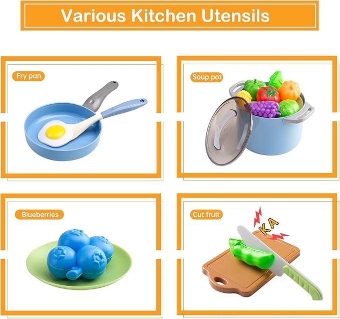 35Pcs Kids Kitchen Toy Accessories, Toddler Pretend Cooking Playset with Play Pots and Pans, Utensils Cookware Toys, Play Food Set, Toy Vegetables, Learning Gift for Girls Boys (Blue)