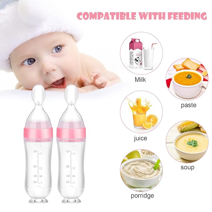 Nuanchu 2 Pieces Baby Spoon Feeder Squeeze Food Toddler Food Dispensing Spoon Suction Cup Design Feeder for Baby Toddlers Boys Girl(Pink)