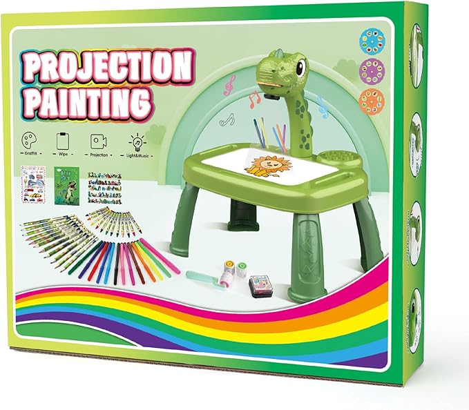 Drawing Projector for Kids, Drawing Board with Music, Color Pens, Pencils, Crayons, Scrapbook, Dinosaur Sticker Book, Ideal Toy for 3+ Year Old Girls & Boys (Dinosaur Kit)