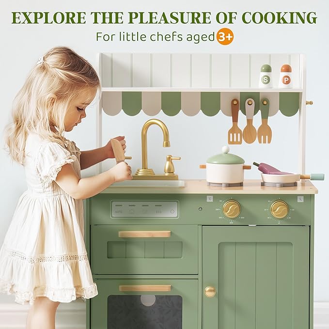 ROBUD Wooden Play Kitchen Set for Kids, Pretend Play Kitchen Toy Set with Golden Faucet, Sink, Oven, Stove, Cabinet, Vintage Style, Gift for Boys & Girls Ages 3+ (Green)