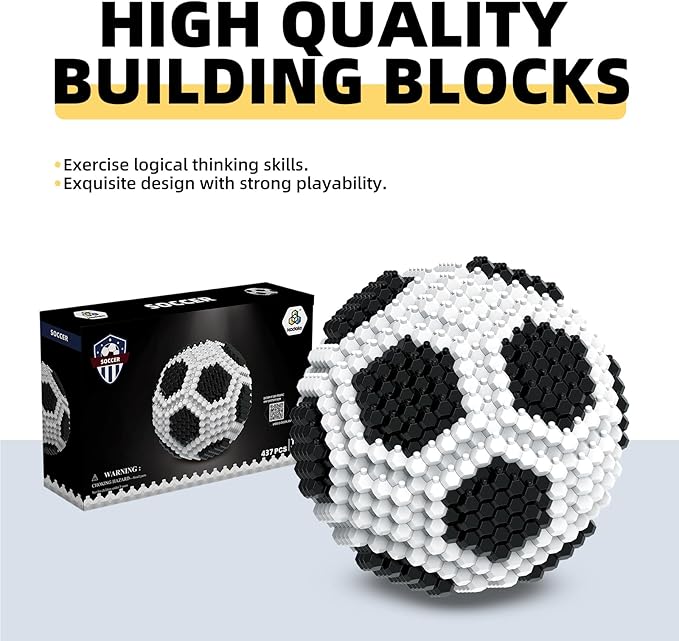 Soccer Ball Building Block Set, Adults' challenging STEM Block Decorations, Miniature 3D Educational Toys for Ages 14 15 16 and Above, (437 Pieces)