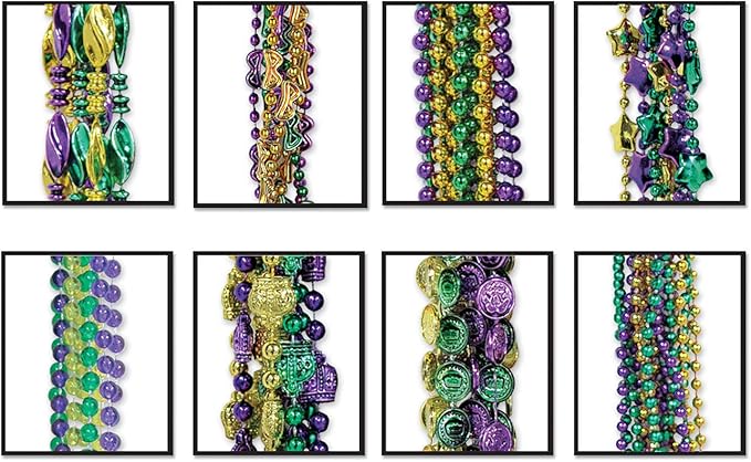 Mardi Gras Plastic Throw Beads Necklace Assortment 100 Piece Party Favors