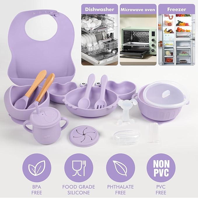 Silicone Baby Feeding Set 15 Pcs，Baby Spoons Suction Bowl Divided Plate Bib Cup Finger Brush Teething Teether，Baby Led Weaning Supplies,Baby & Toddler Silicone Plates and Bowls Dining Set（purple）