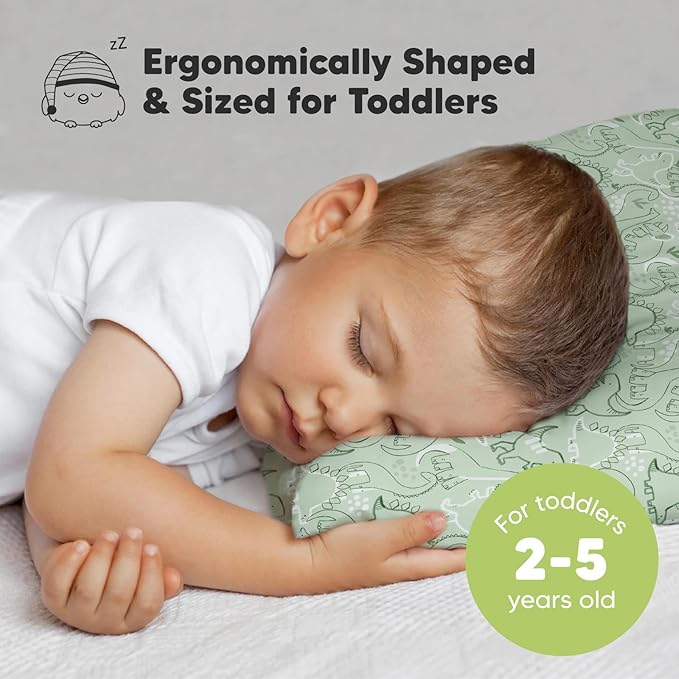 Toddler Pillow with Pillowcase - 13x18 My Little Dreamy Pillow, Organic Cotton Toddler Pillows for Sleeping, Kids Pillow, Travel Pillows, Mini Pillow, Nursery Pillow, Toddler Bed Pillow (DinoDood)