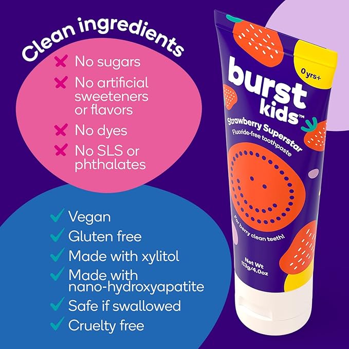 BURST Fluoride Free Strawberry Kids Toothpaste (4oz/2 Pack) | Great Tasting, Dye Free for Baby & Toddler Age 0+ | with Nano Hydroxyapatite