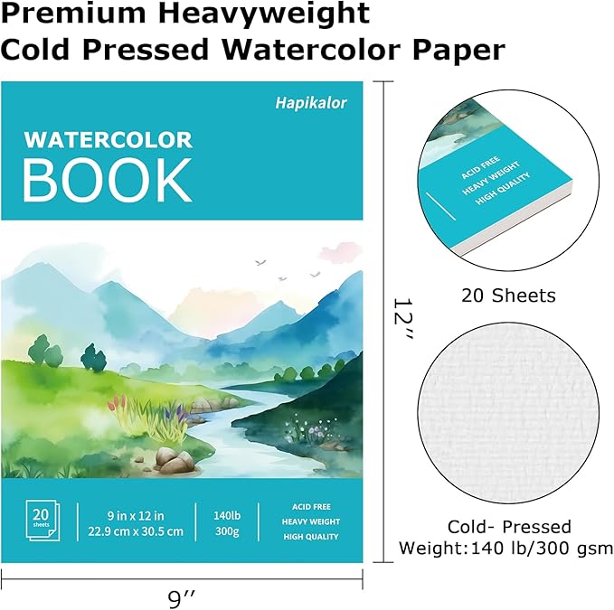 Hapikalor 3-Pack 9"x12"Watercolor Paper Pad, Bulk College Essentials, Teacher Classroom Must Have, 140lb/300gsm Art Watercolor Paper, Art Supplies for Adults Kids, Back to School Supplies, Teal