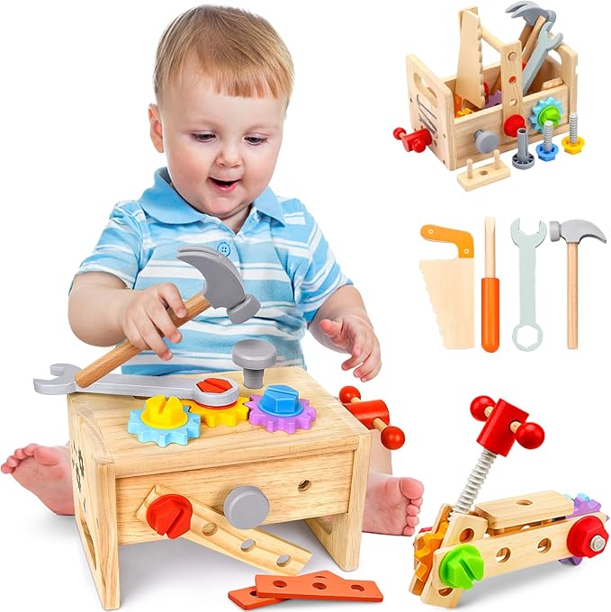 Wooden Tool Set Montessori Toys for 2 3 4 5 Year Old Boy, 29Pcs Stem Toys Toddler Educational Toys Age 2-3, Tool Bench Pretend Play Construction Learning Toys for Toddler Birthday Gifts