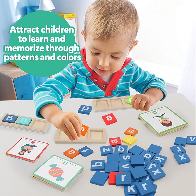 Wooden Reading Alphabet CVC Word Spelling Games Short Vowel Sight Words Flash Cards Preschool Kindergarten Learning Activities Montessori Educational Toy Gift for Kids 3 4 5 Years Old