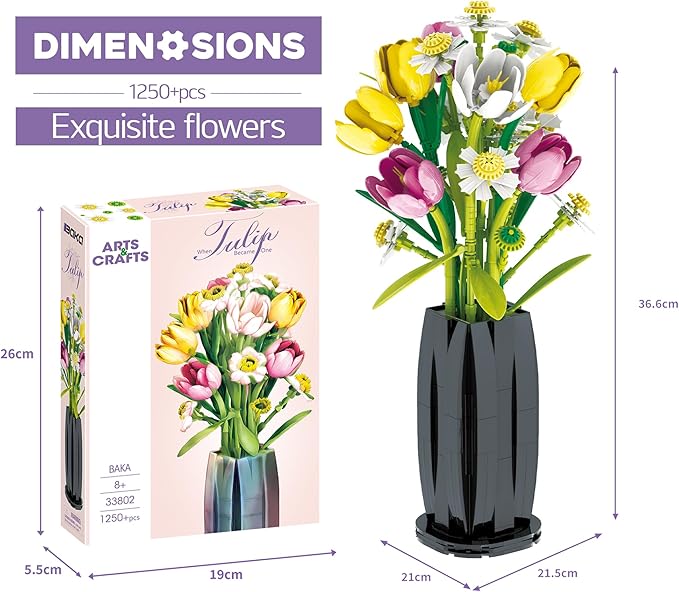 PUNIMA Tulips Building Blocks Set, Flowers Bouquet with Vase for Adults, Girls, Home, Office, Decor - 1250pcs