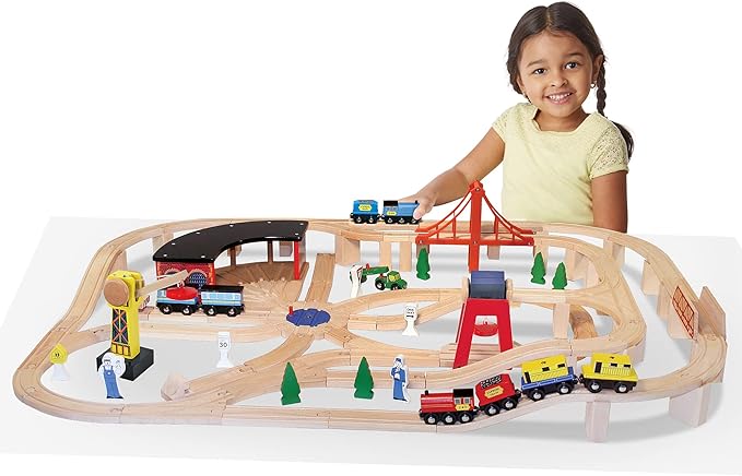 Melissa & Doug Wooden Railway Set, 130 Pieces - Wooden Train Set for Toddlers Ages 3+