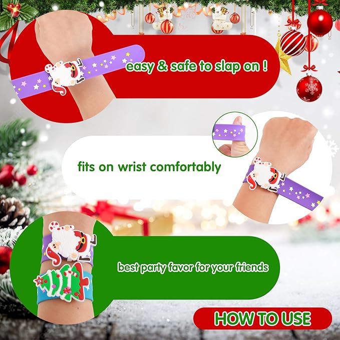 Welkin 6PCS Christmas Slap Bracelets For Kids,Colorful Silicone Bracelet, Soft and Safe Slap Bracelets Party Decorations Favors，Kids Christmas Party Gift