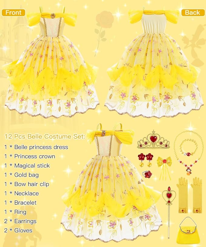 Princess Dress Up Clothes for Little Girls, Belle Costume Dress with Accessories for Birthday Party Cosplay Halloween